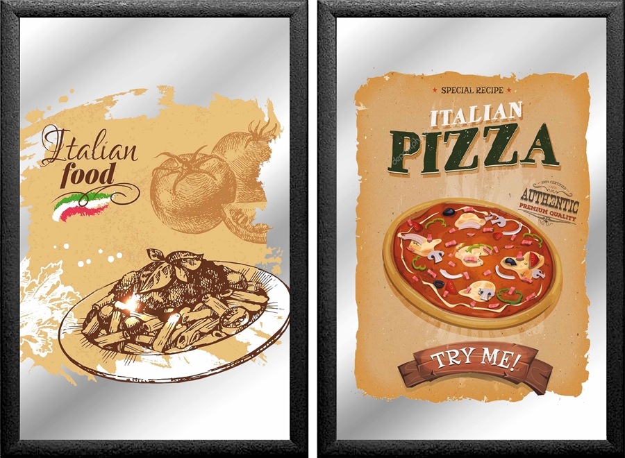 Set: 2 Spiegelbilder Italian Food Pizza Pasta Deko 30x20 cm Hinterglasdruck mit schwarzem Rahmen