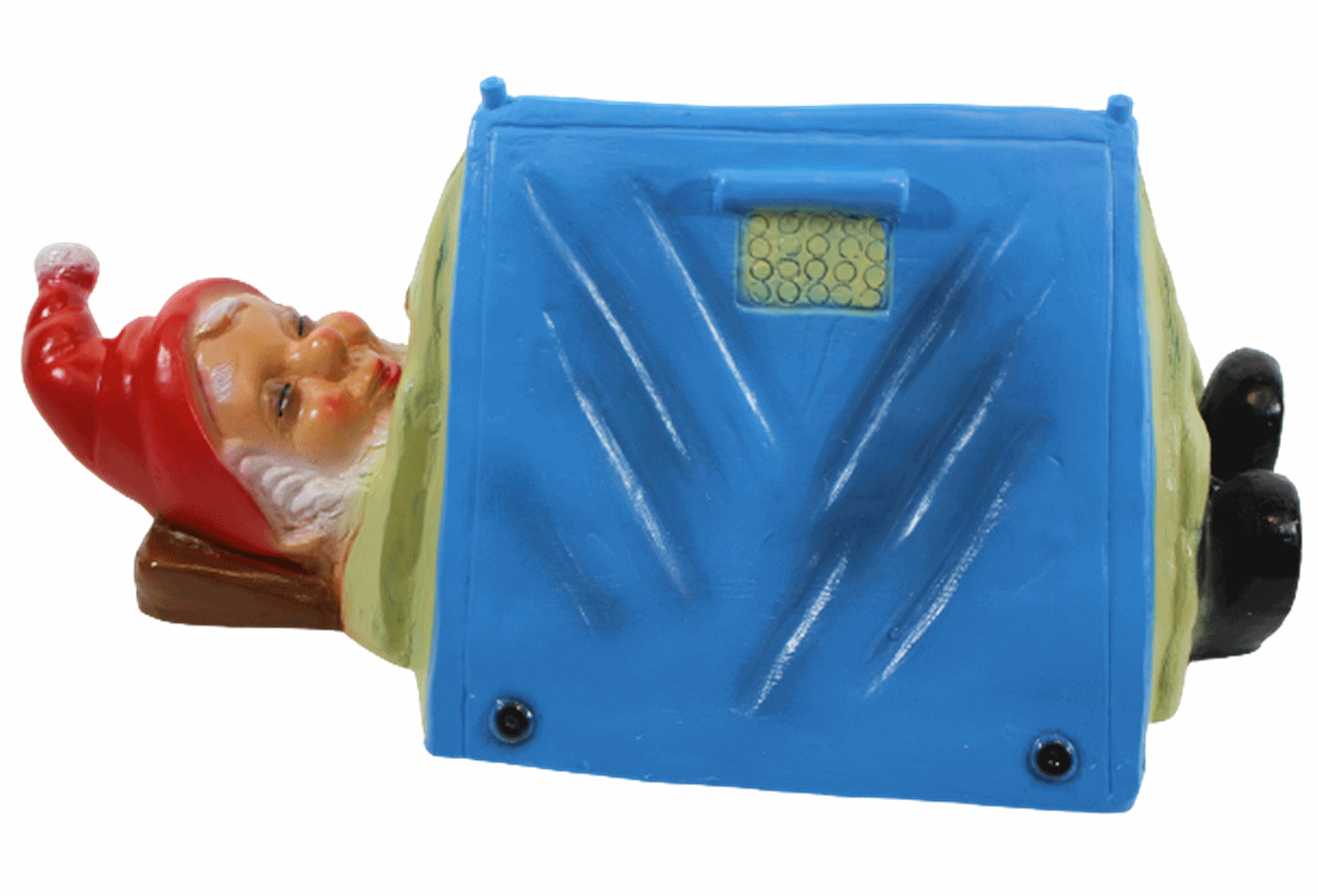 Gartenzwerg Deko Garten Figur Zwerg Camper liegend im Zelt schlafend aus Kunststoff H 14 cm