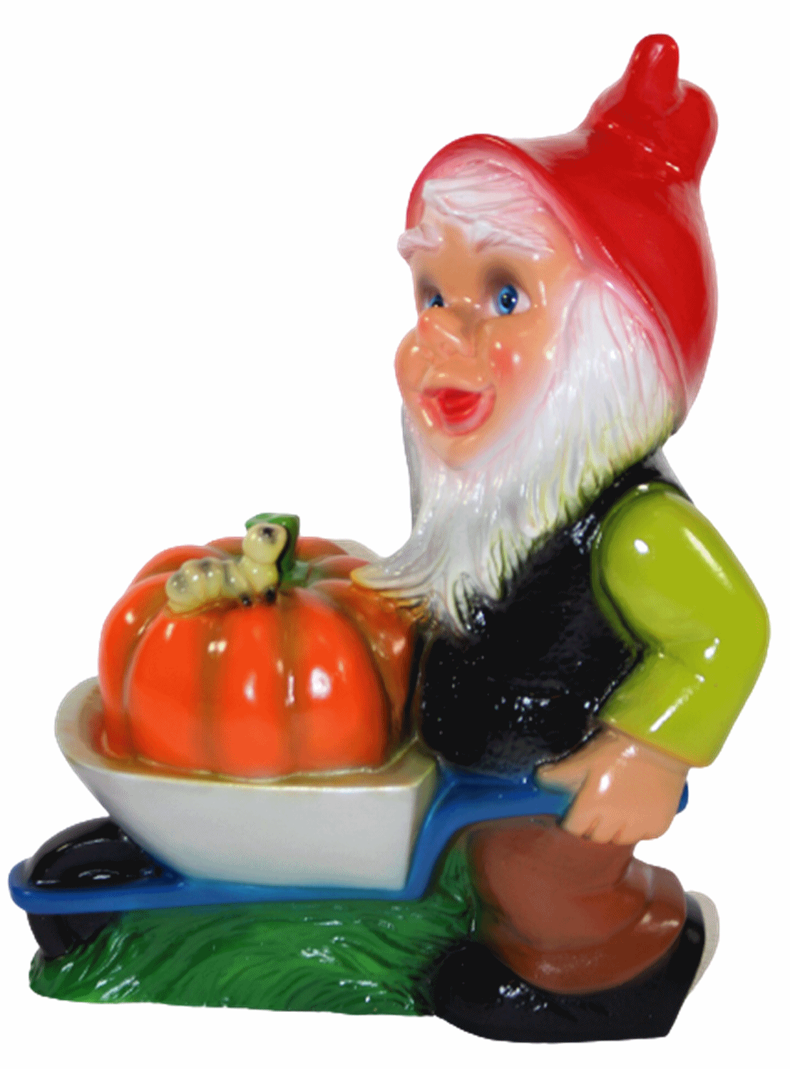 Gartenzwerg Deko Garten Figur Zwerg Gärtner stehend mit Schubkarre und Kürbis aus Kunststoff H 35 cm
