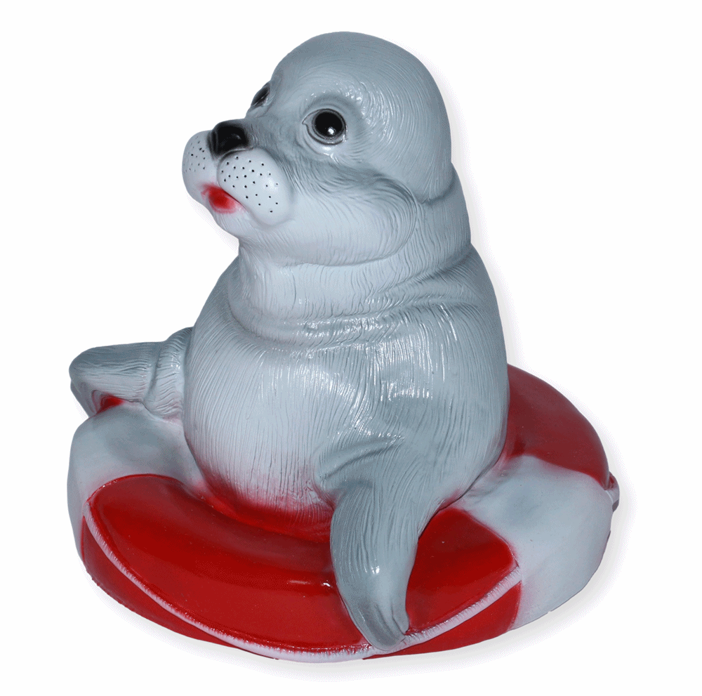 Deko Garten Figur Gartenfigur Tierfigur Teichfigur Seehund im Rettungsring aus Kunststoff Höhe 22 cm