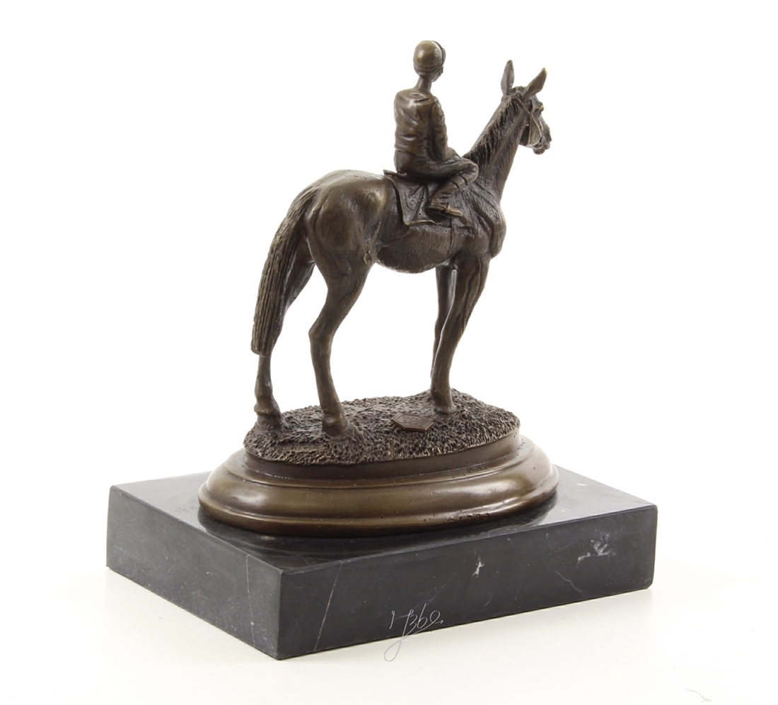 Bronzefigur Bronzeskulptur Tierfigur Jockey auf Pferd aus Bronze auf Marmorsockel H 20 cm Deko Figur