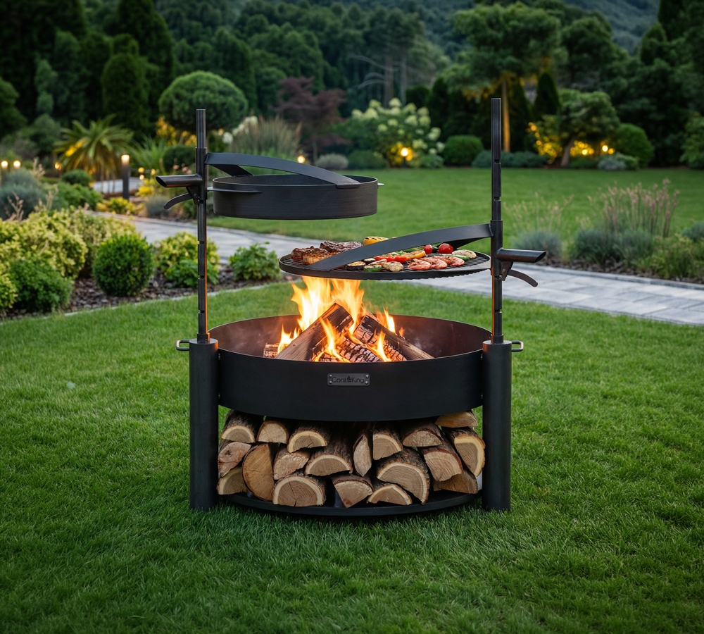 Feuerschale MONTANA X Ø 80 cm mit Grillrost & Stahlpfanne – Multifunktionale Feuerstelle für Garten & Terrasse