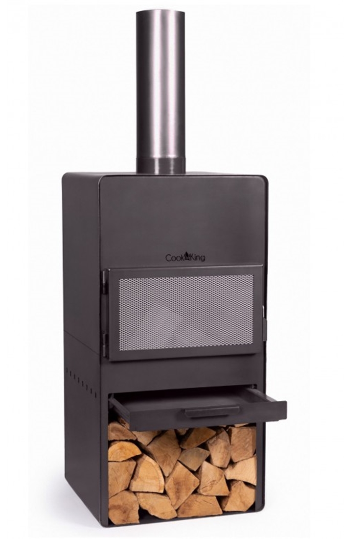 Gartenkamin "Vento" Gartenofen H 150 cm zum Grillen Heizen Terrassenofen mit Kaminregal Naturstahl