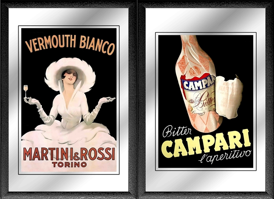 Set: 2 Spiegelbilder Martini & Rossi Vermouth Bianco/ Campari Vintage Bar Deko 30x20 cm Wandbilder