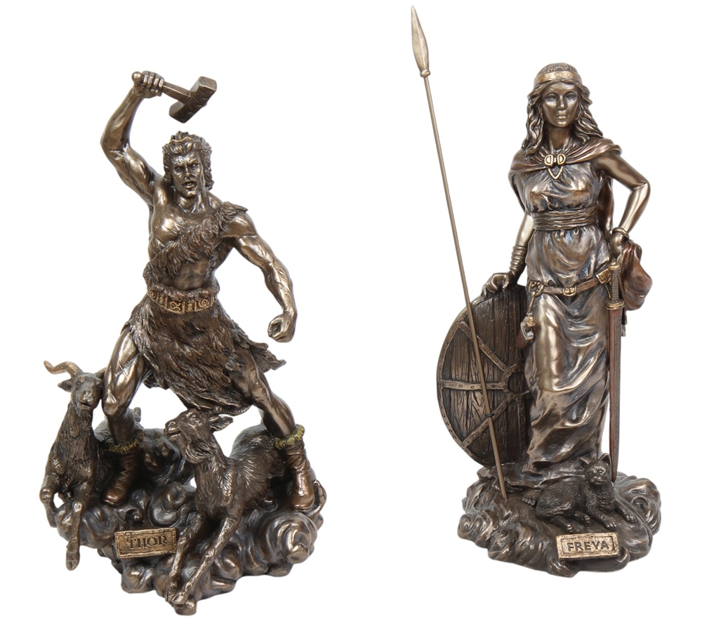 Statuen Set 2 Figuren Freya H 33 cm & Thor H 30 cm Götter aus nordischer Mythologie Dekofiguren