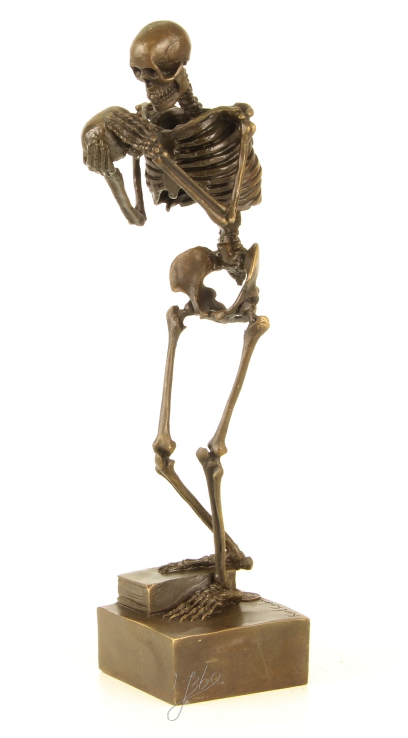 Bronzefigur Bronzeskulptur Skelett Mensch mit Schädel aus Bronze auf Sockel H 28 cm Deko Figur
