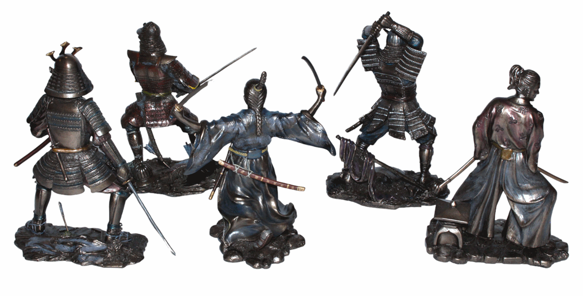 Set: Deko Figuren Samurai Art H 21-23 cm japanische Krieger in Rüstung und Kimono mit Schwertern