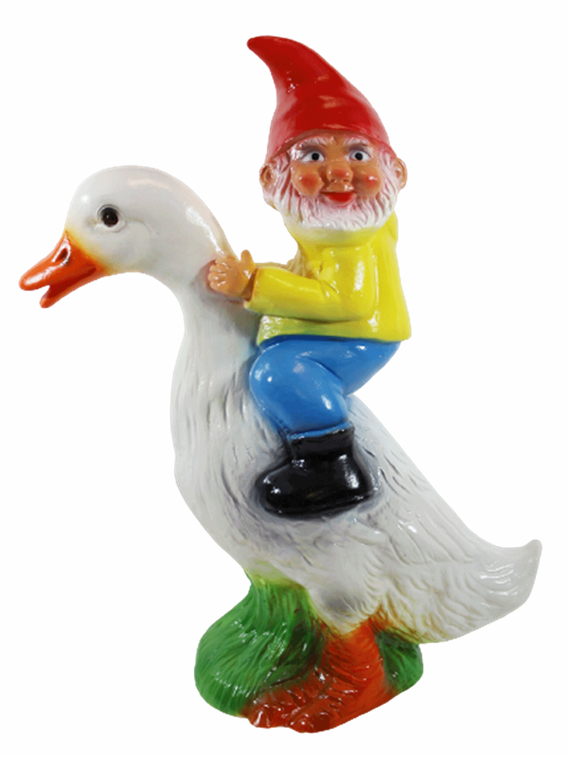 Gartenzwerg Deko Garten Figur Zwerg sitzend auf Ente Gartenfigur aus Kunststoff H 39 cm