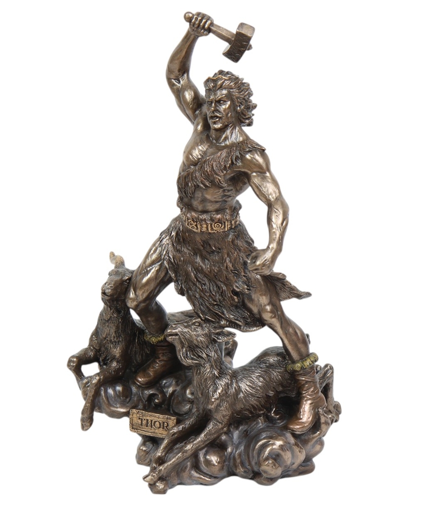 Dekofigur Thor Höhe 30 cm Skulptur Nordischer Donnergott mit Hammer & Ziegen detailreiche Statue