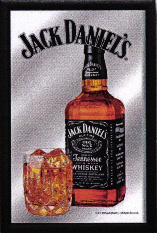Set: 2 Spiegelbilder Jack Daniel's Whisky Flasche Glas Emblem 30x20 cm Hinterglasdruck mit Rahmen