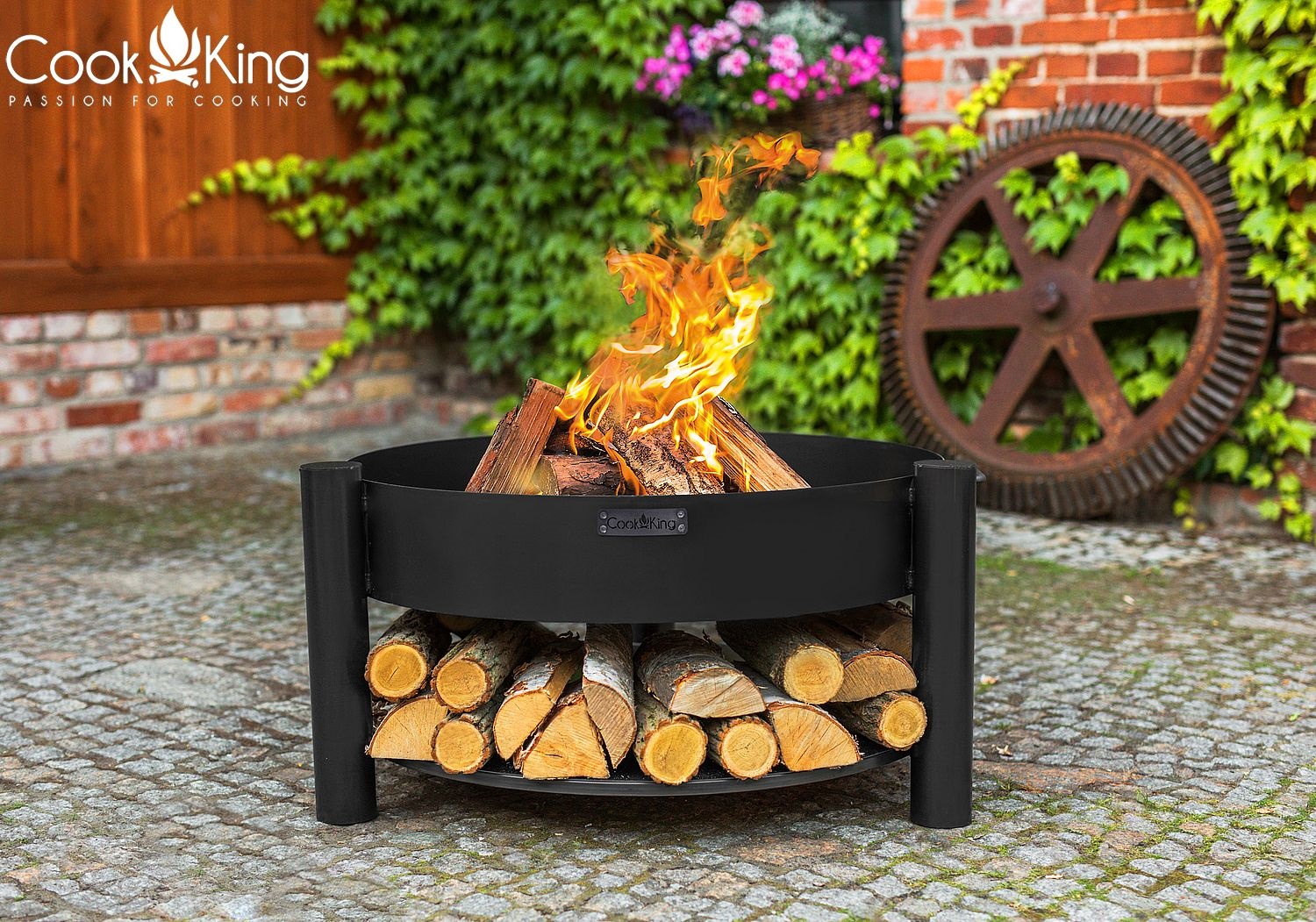 Set: Dreibein H 180 cm mit Grillrost Ø 50 cm aus Rohstahl + Feuerschale "Montana" Ø 60 cm Grillen