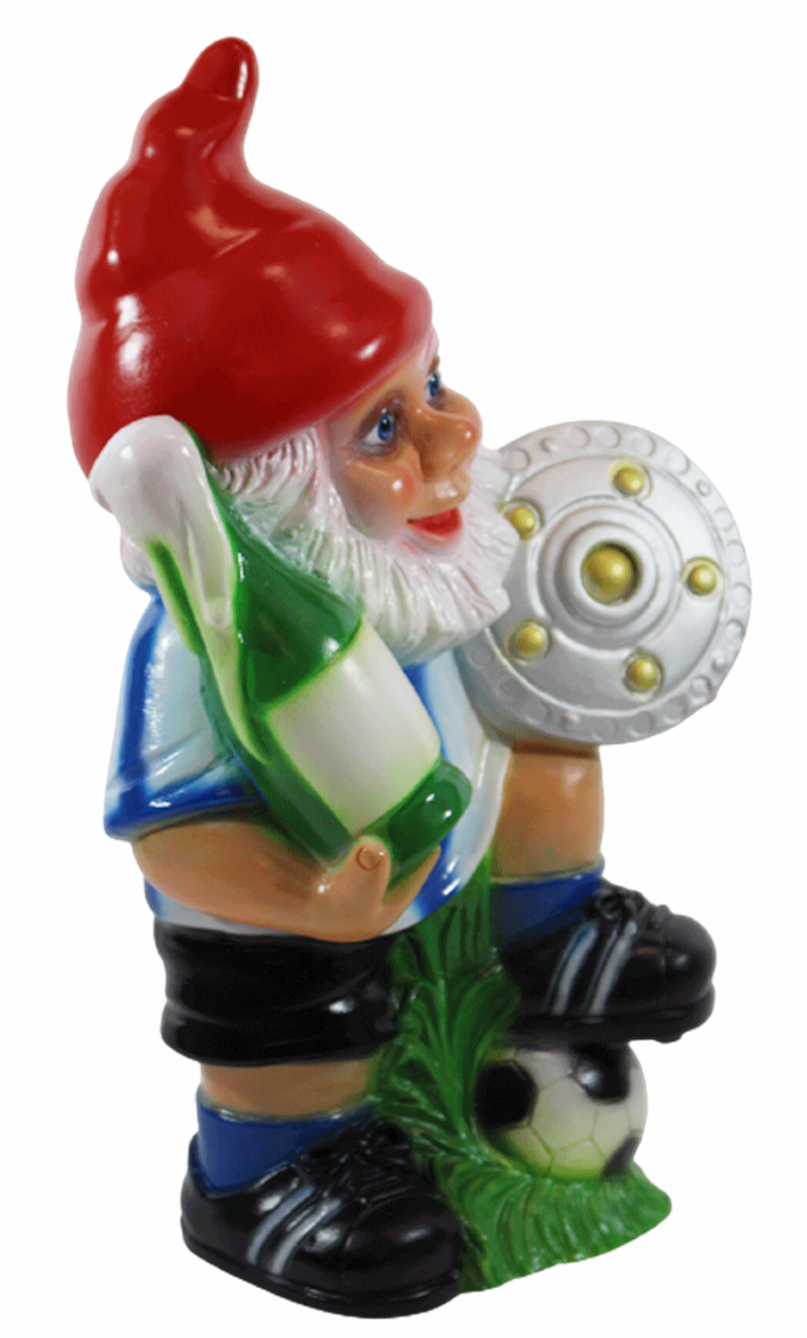 Gartenzwerg Deko Garten Figur Zwerg Sportler Fußballmeister stehend mit Pokal aus Kunststoff H 32 cm