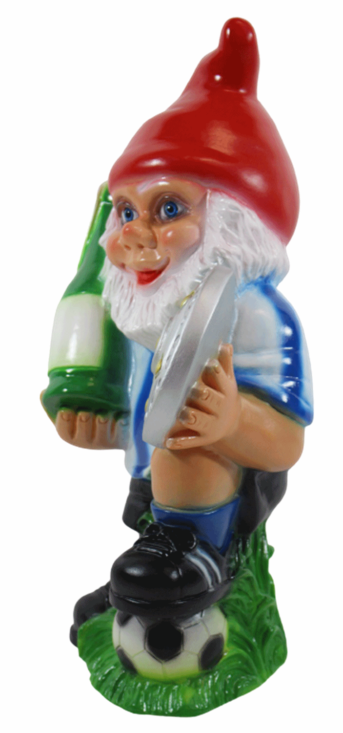 Gartenzwerg Deko Garten Figur Zwerg Sportler Fußballmeister stehend mit Pokal aus Kunststoff H 32 cm