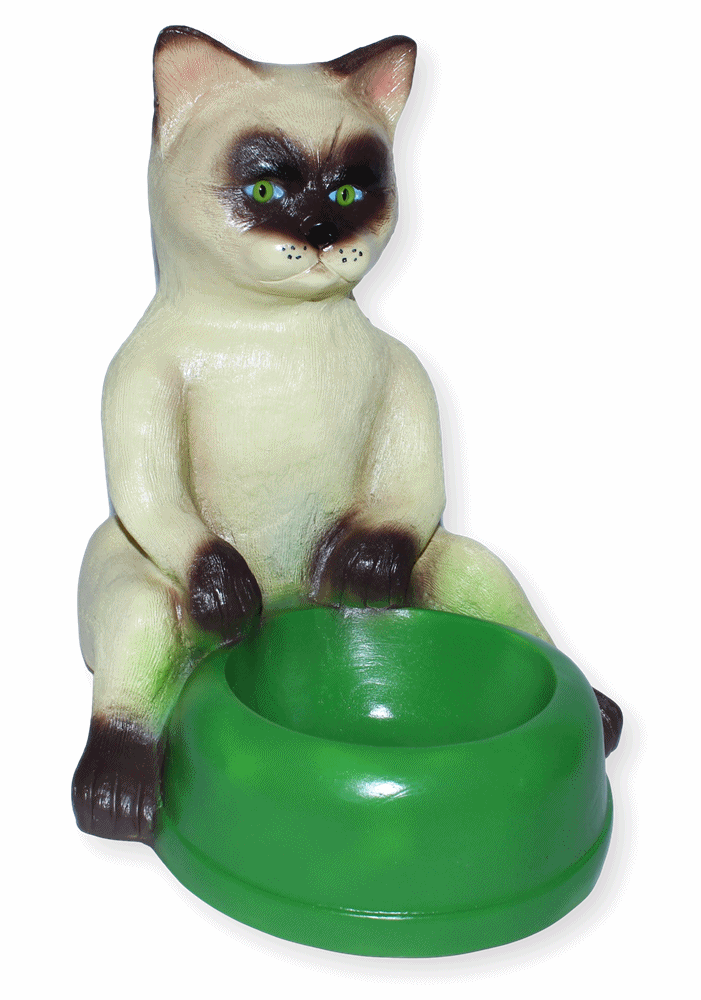 Deko Figur Dekofigur Tierfigur Katze Siamkatze mit grünem Fressnapf Trinknapf aus Kunststoff H 29 cm