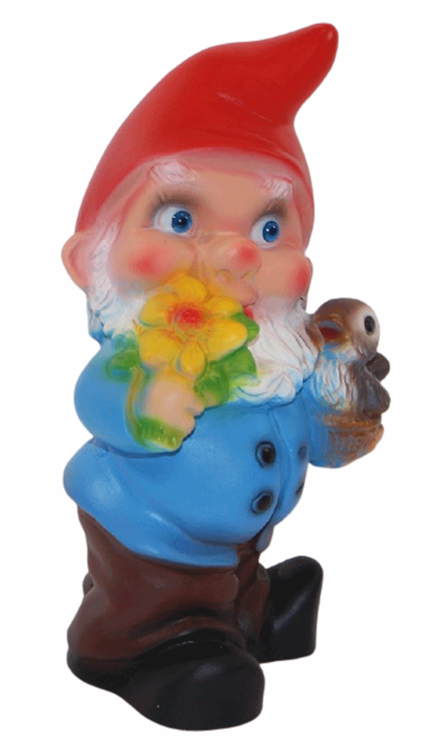 Deko Figur Zwerg H 19 cm Gartenzwerg mit Vogel stehend Gartenfigur aus Kunststoff