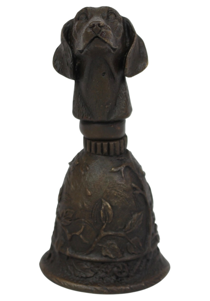 Bronzefigur Hund als Tischglocke H 10 cm Kunstvolle Bronze Handglocke mit Hundekopf Jugendstil Deko