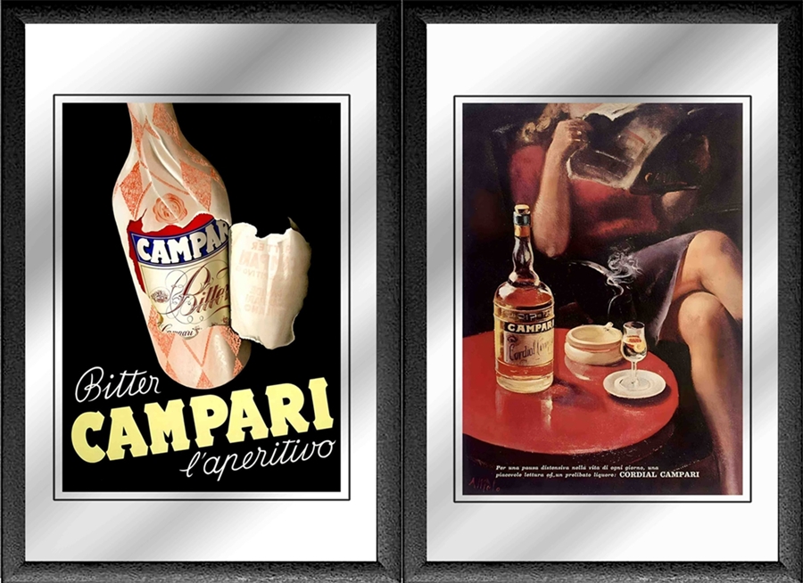Set: 2 Spiegelbilder l'aperitivo Bitter Campari Vintage Bar Deko 30x20 cm Nostalgie Wandbilder