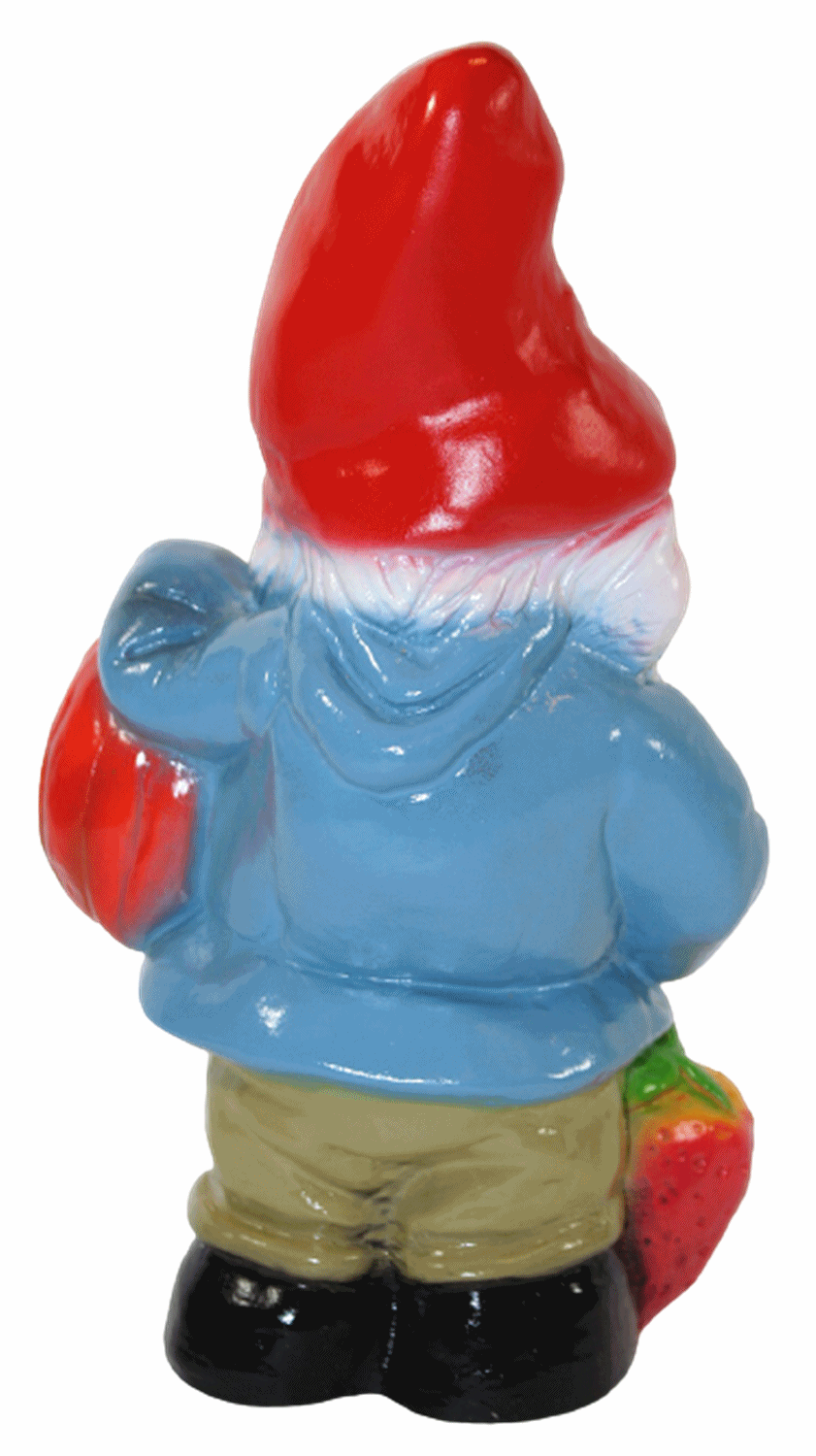 Gartenzwerg Deko Garten Figur Zwerg Gärtner stehend mit Kürbis und Erdbeere aus Kunststoff H 26 cm