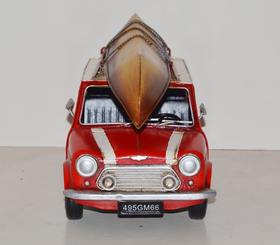 Blechauto Nostalgie Modellauto Mini Cooper rot mit Dachgepäckträger, Kanu Oldtimer L 35 cm aus Blech