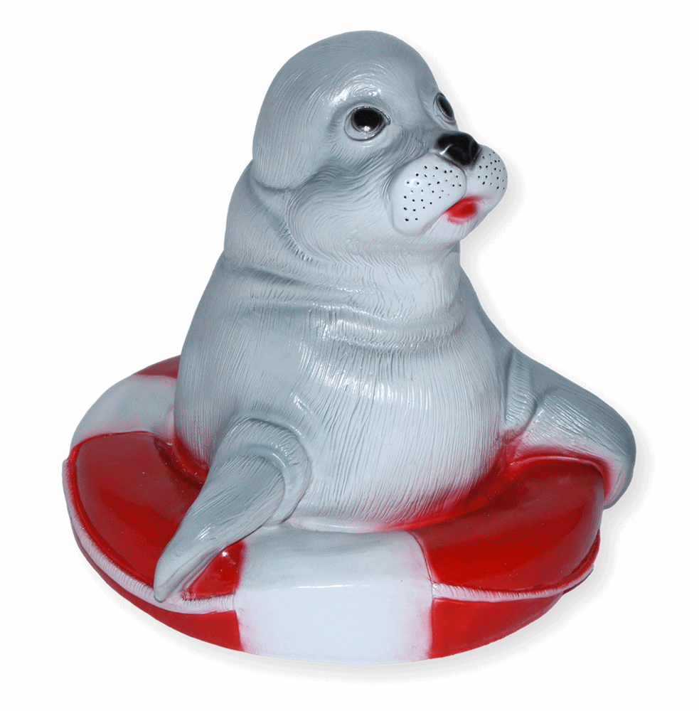 Deko Garten Figur Gartenfigur Tierfigur Teichfigur Seehund im Rettungsring aus Kunststoff Höhe 22 cm