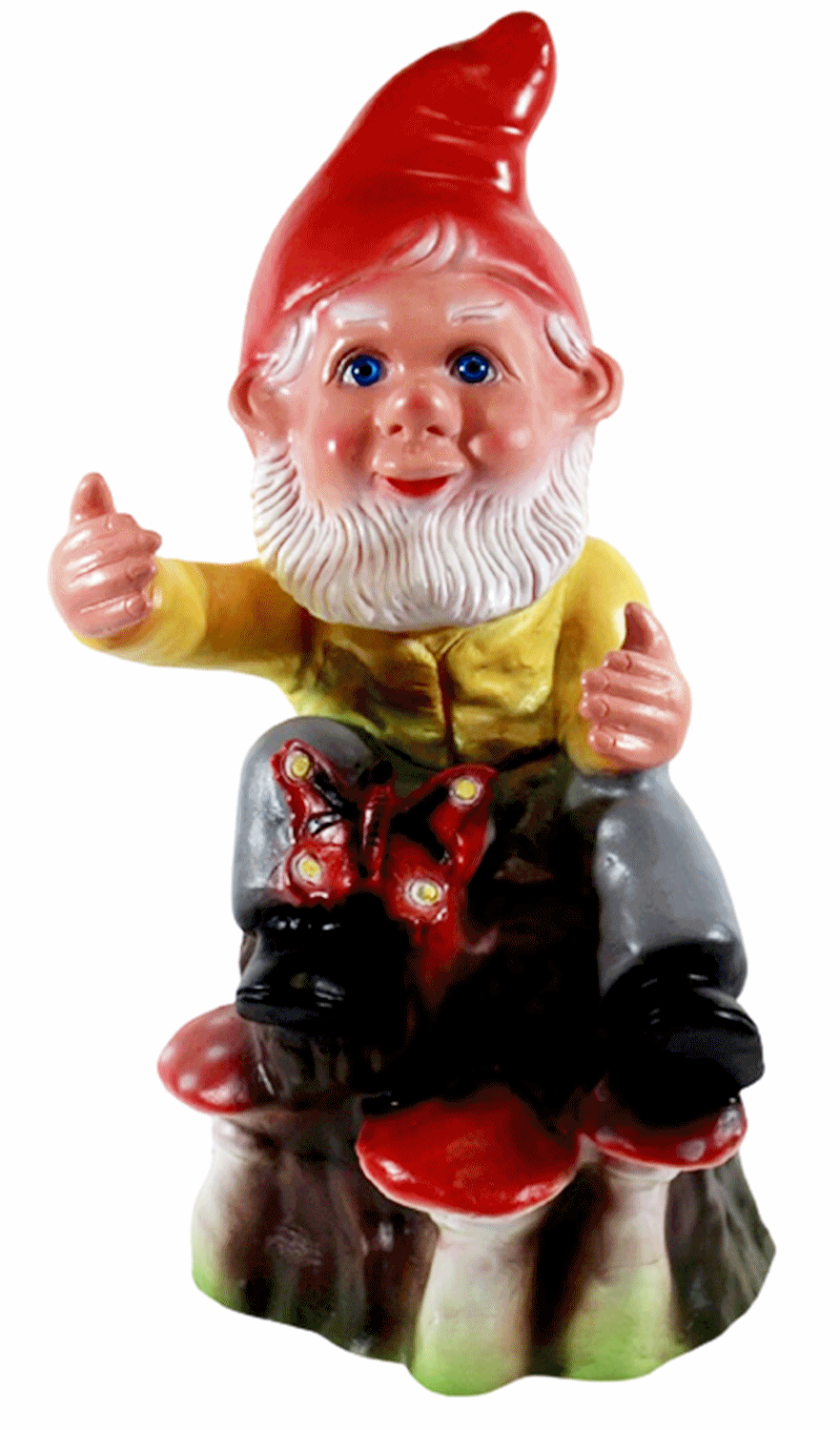Gartenzwerg Deko Figur Zwerg auf Baumstamm mit Schmetterling u.Pilzen sitzend aus Kunststoff H 36 cm