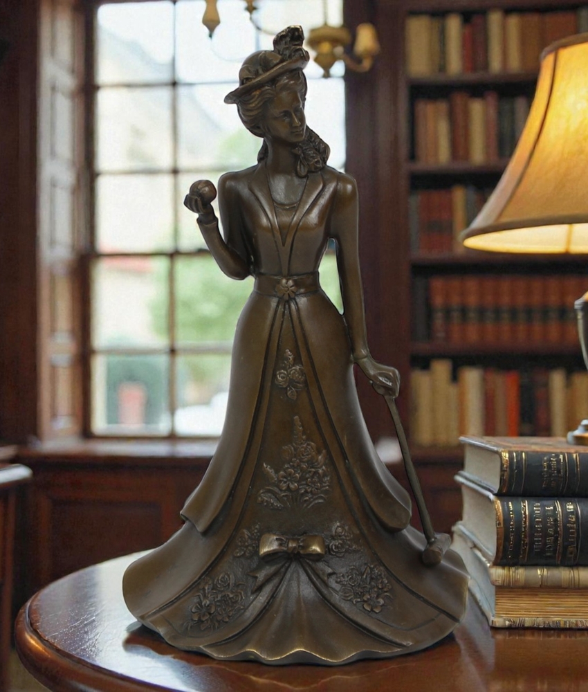 Bronze Tischglocke im Jugendstil mit Golferin Frau Motiv H 17 cm Elegante Tisch Golf Dekoration