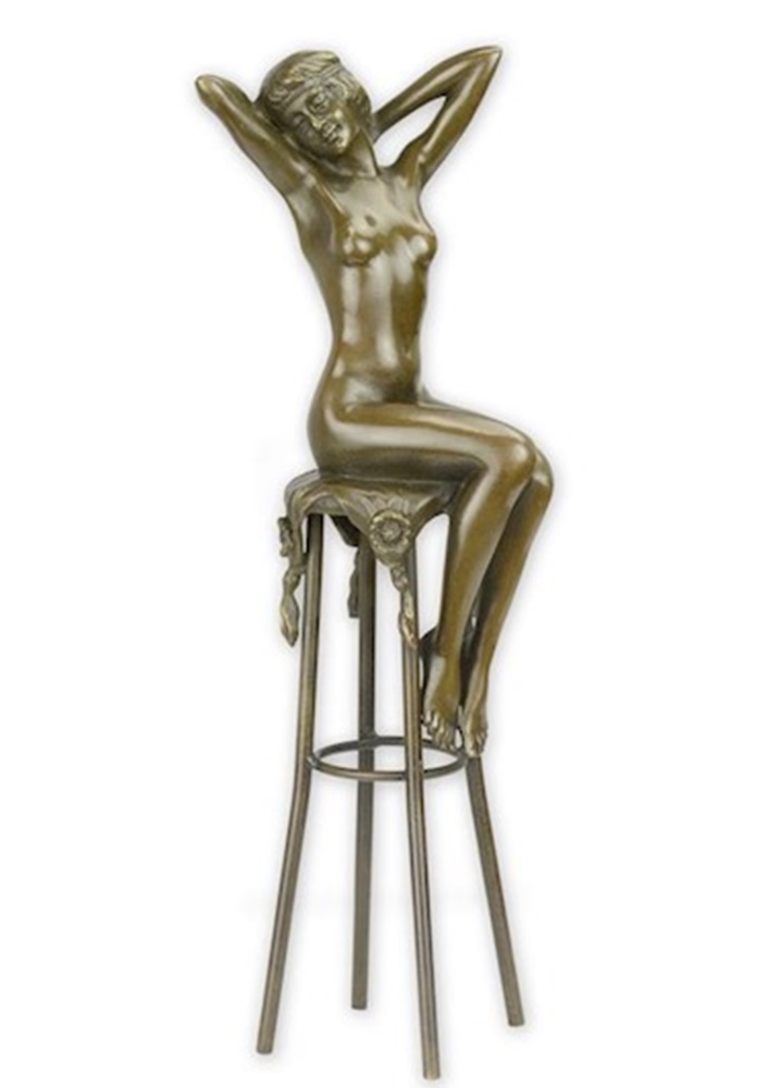 Bronzefigur weiblicher Akt Erwachen auf Barhocker H 28,1 cm Bronzeskulptur Figur aus Bronze