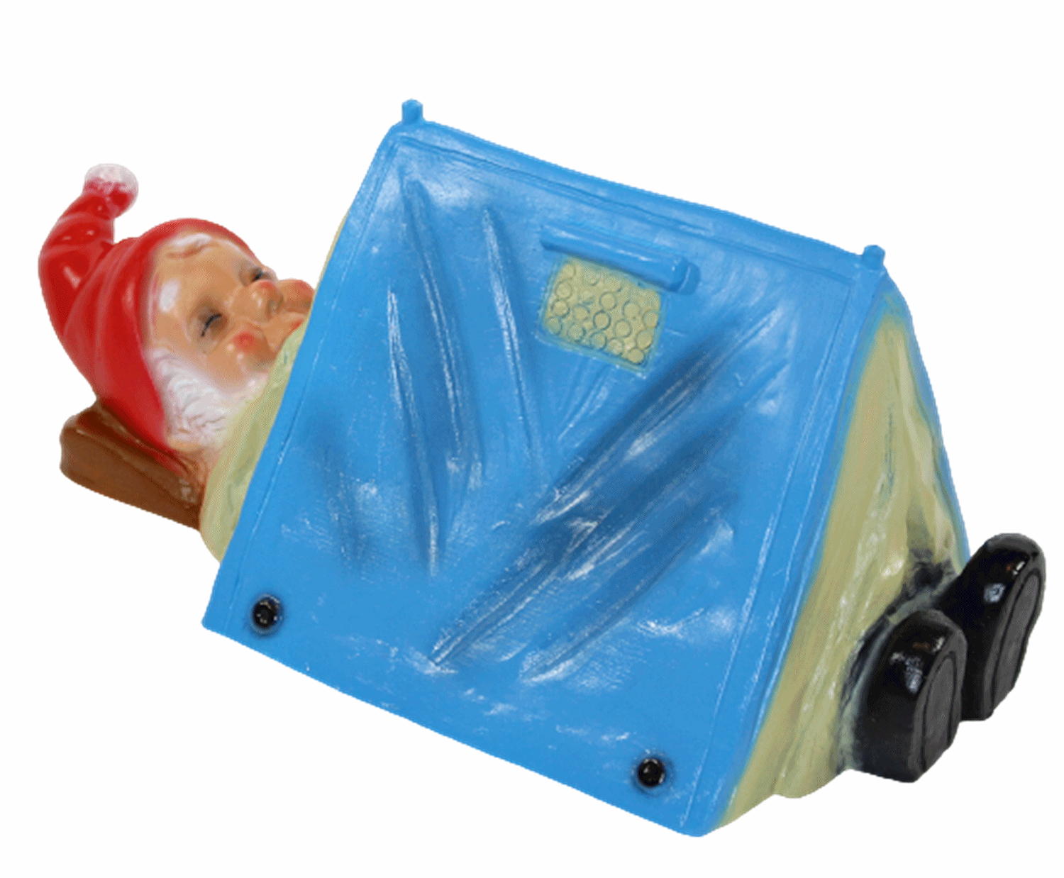 Gartenzwerg Deko Garten Figur Zwerg Camper liegend im Zelt schlafend aus Kunststoff H 14 cm