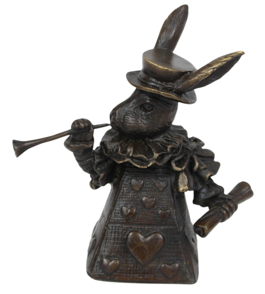 Elegante Tischglocke Hase im Jugendstil aus Bronze H 11,3 cm Herzkönigin Bronzefigur Herzornamenten