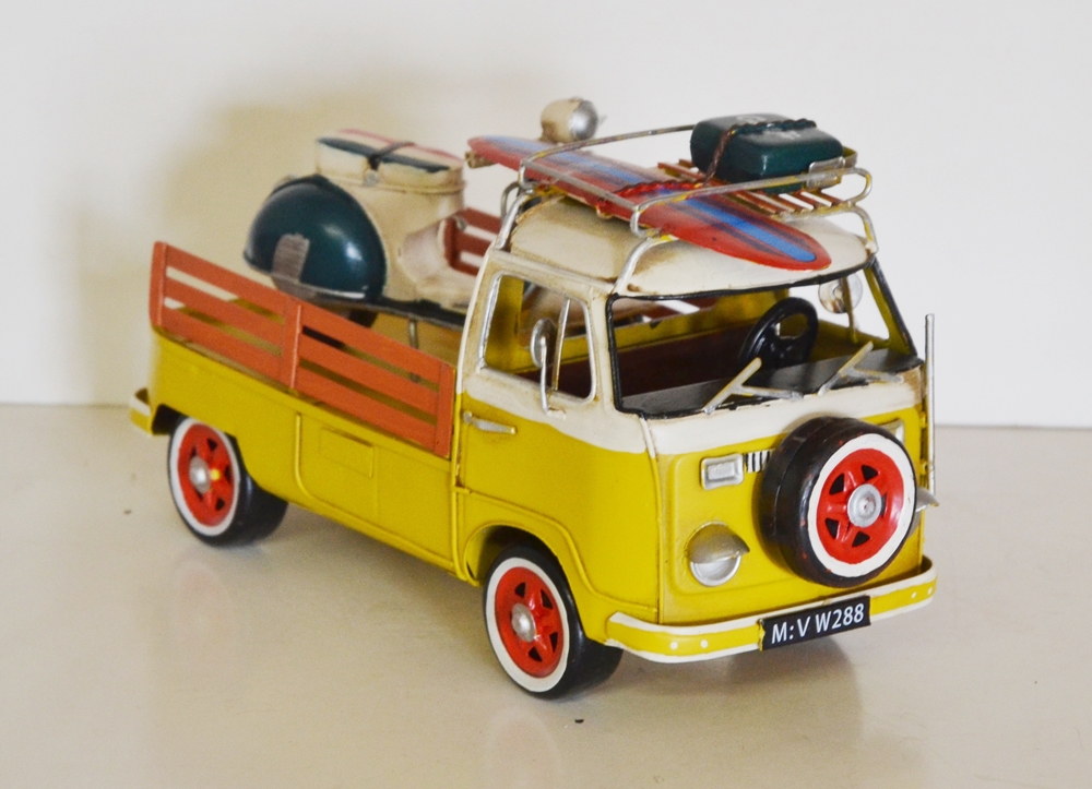 Blechauto Nostalgie Modellauto Urlaubs Camping Bulli in gelb Oldtimer L 26 cm Modellbus aus Blech