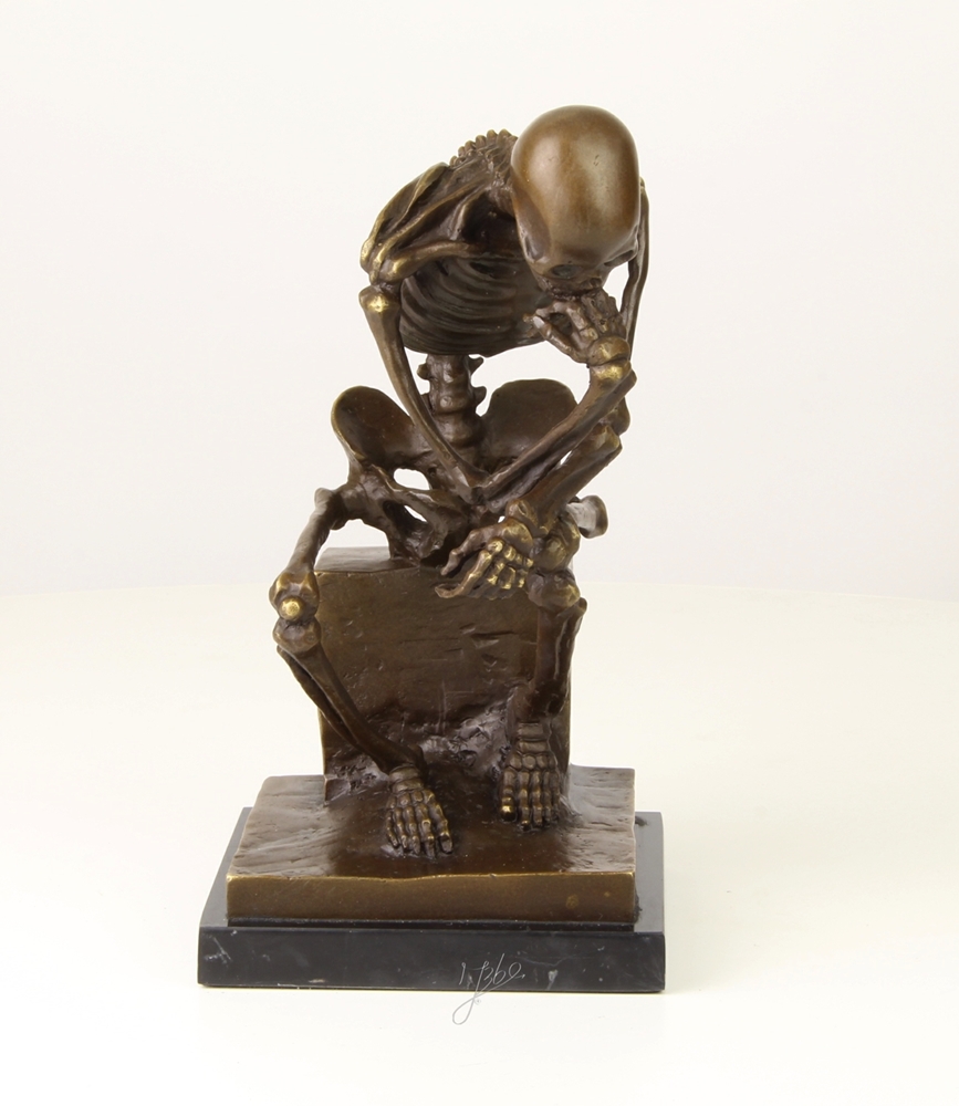 Bronzefigur Bronzeskulptur Der Denker Skelett aus Bronze auf Sockel H 24,5 cm Deko Figur