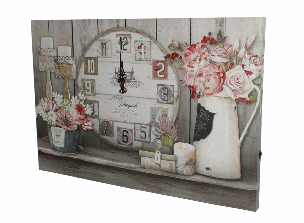 Nostalgie LED-Wandbild Blumen Deko Bild mit integrierter Uhr 40x60 cm Leinwandbild