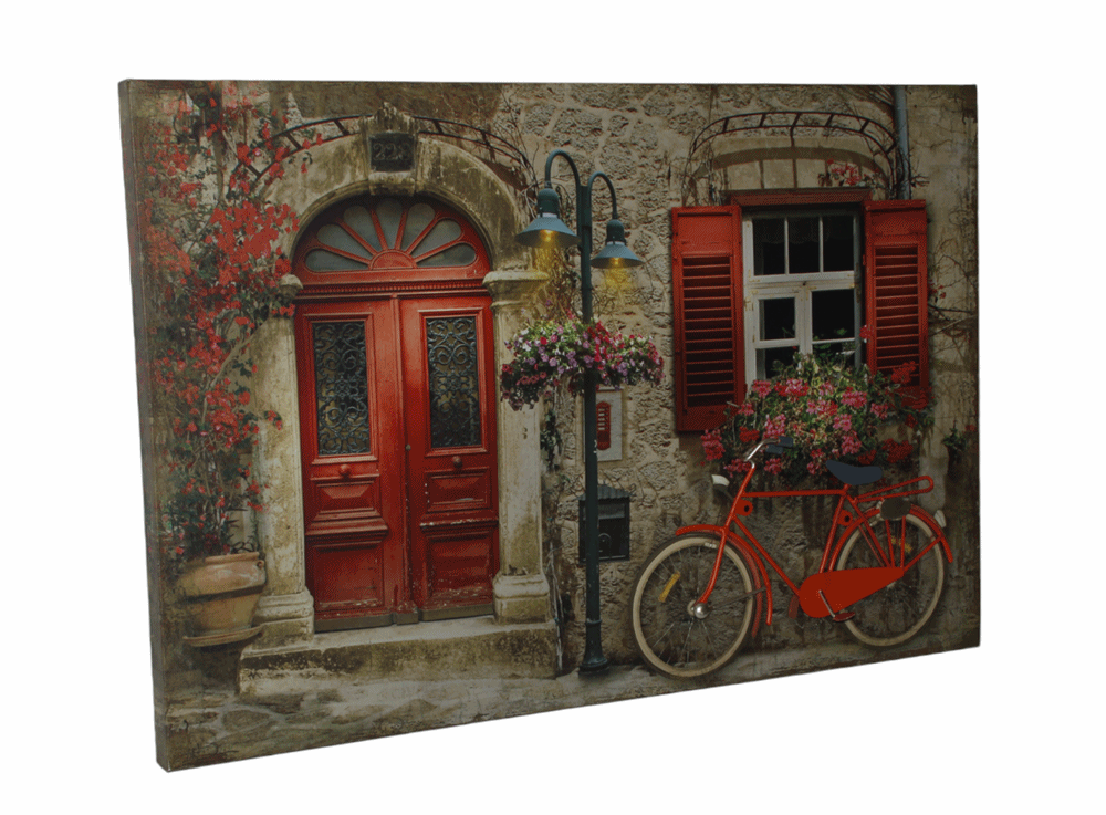 Nostalgie LED-Wandbild Gasse mit Fahrrad Vintage Stil rote Tür und Fenster 40x60 cm Leinwandbild