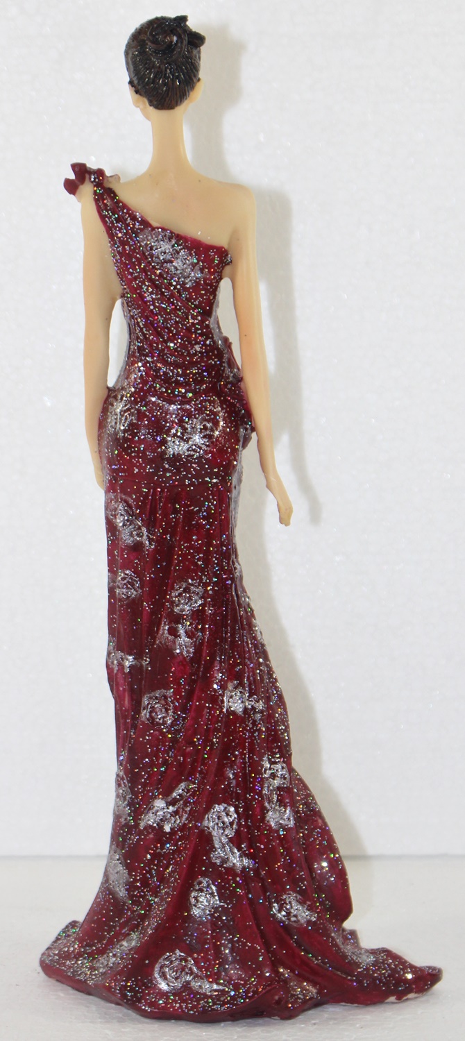 Beauty Figur Deko Modefigur Modepuppe Nostalgiefigur Dame roten Kleid mit Blume aus Resin H 33 cm