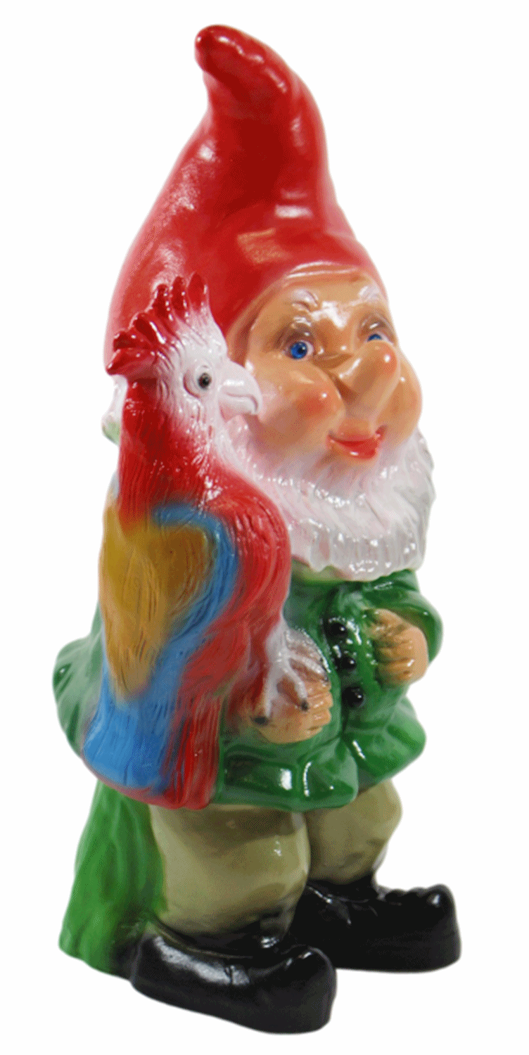 Gartenzwerg Deko Garten Figur Zwerg sitzend mit Papagei auf der Hand aus Kunststoff H 37 cm