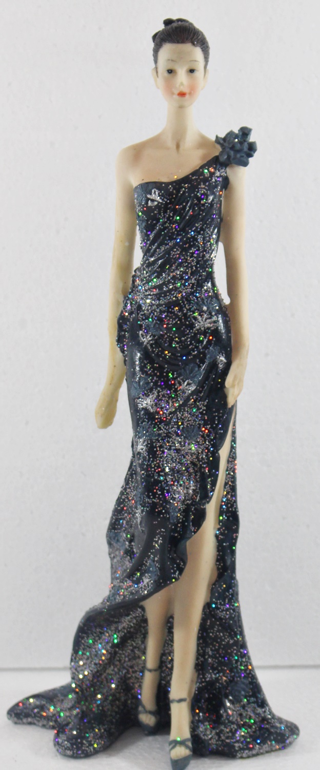 Beauty Figur Deko Modefigur Modepuppe Nostalgiefigur Dame schwarzen Kleid mit blauer Blume aus Resin