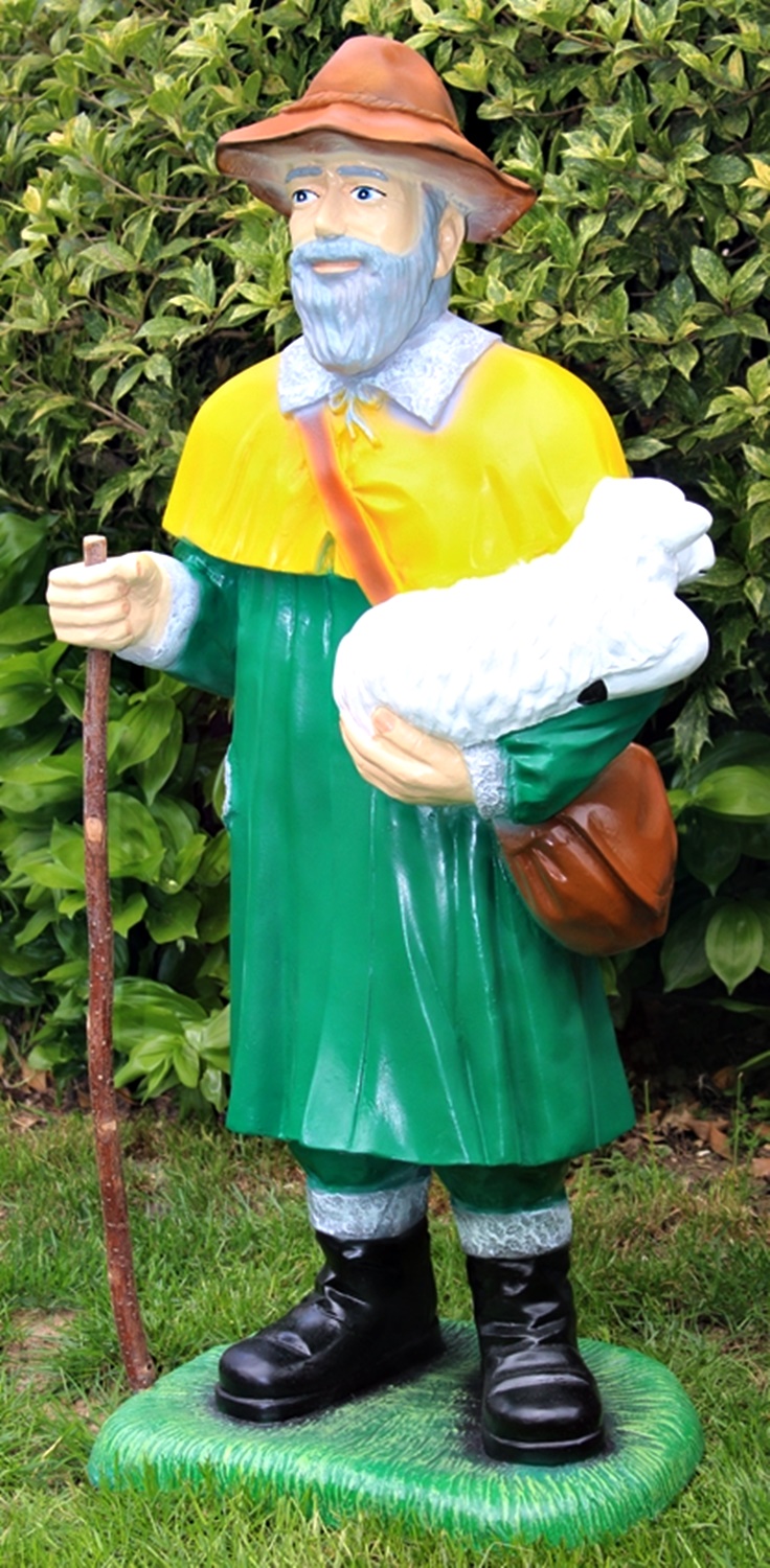 Dekorfgur Schäfer Lamm und Stock haltend Hirte stehend mit Lamm H 87 cm Gartenfigur aus Kunstharz