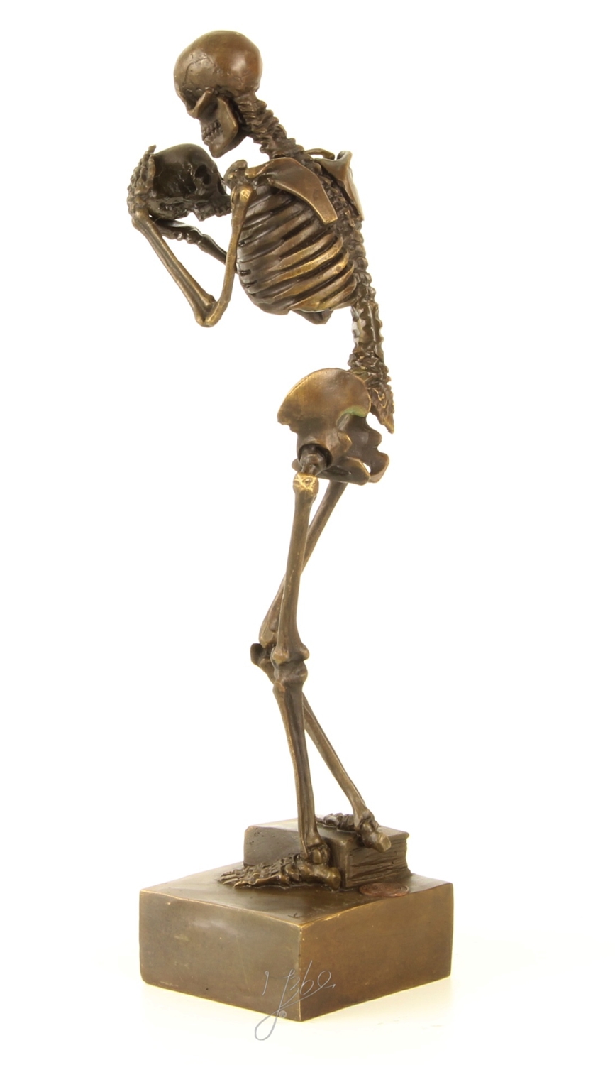 Bronzefigur Bronzeskulptur Skelett Mensch mit Schädel aus Bronze auf Sockel H 28 cm Deko Figur