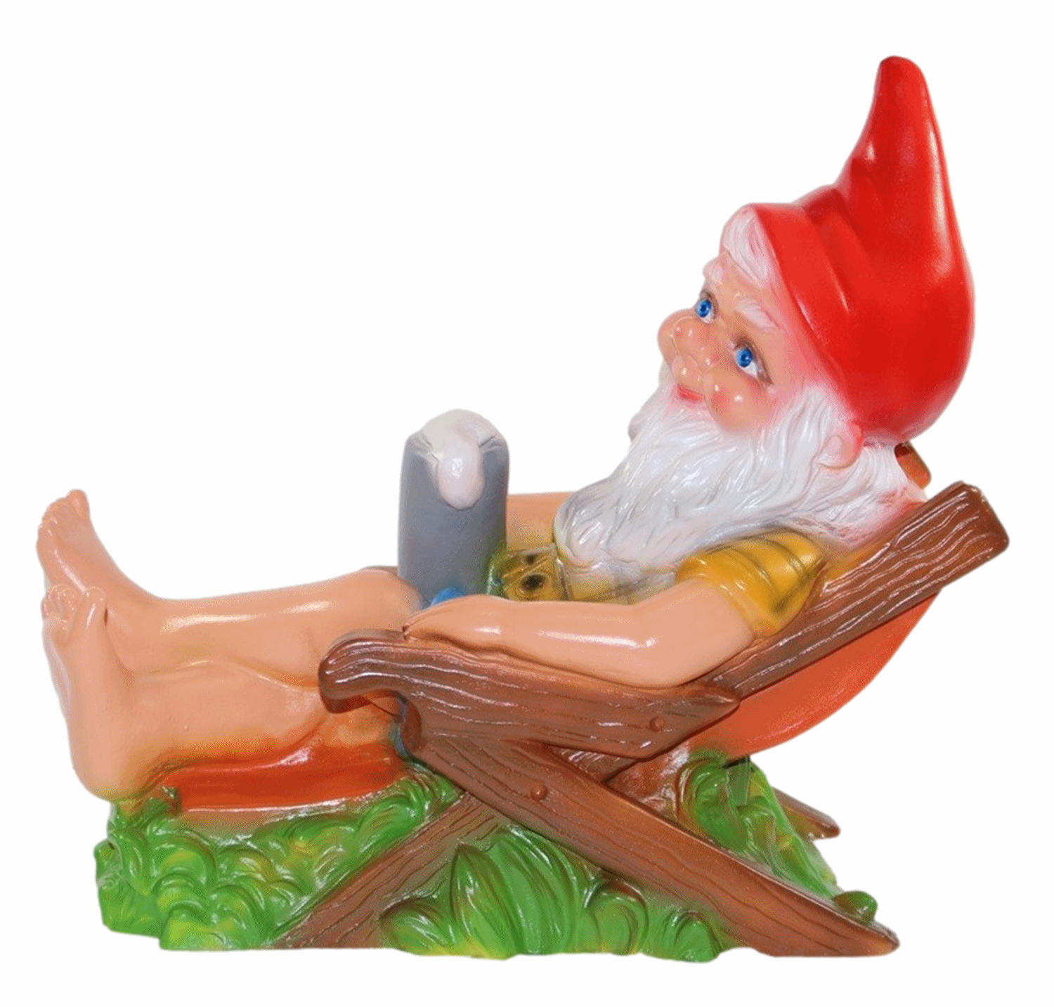 Deko Figur lustiger Zwerg H 31 cm Spaß Gartenzwerg auf Liegestuhl Gartenfigur aus Kunststoff
