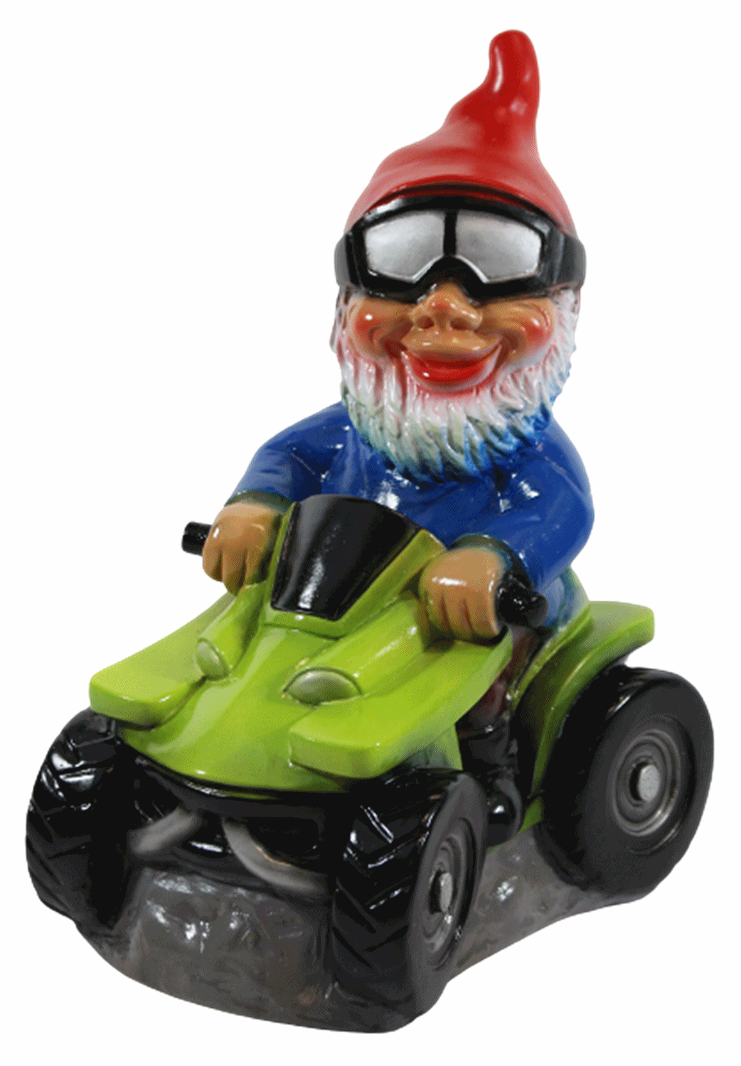 Gartenzwerg Deko Garten Figur Zwerg sitzend auf Quad mit Schutzbrille aus Kunststoff H 29 cm