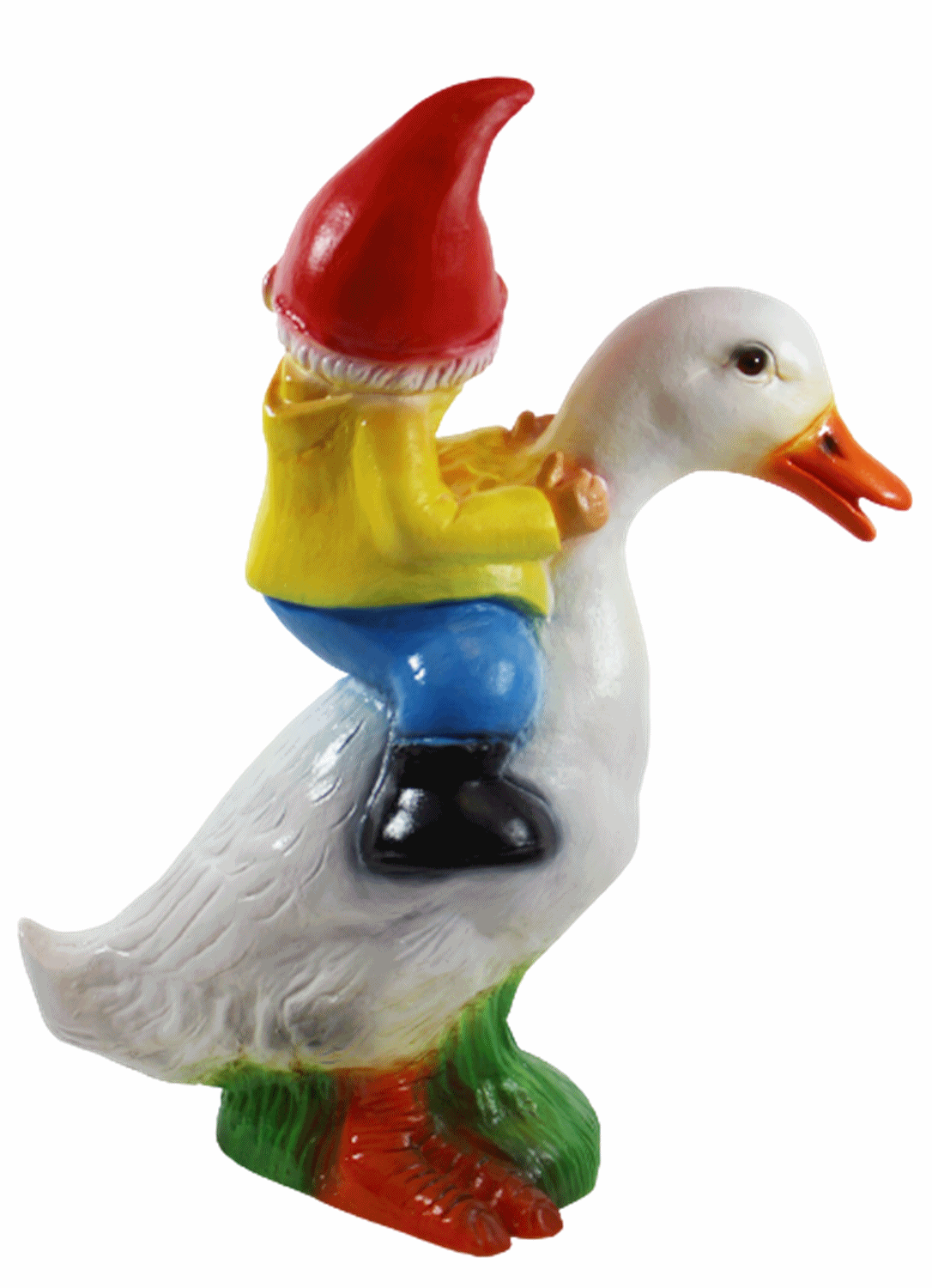 Gartenzwerg Deko Garten Figur Zwerg sitzend auf Ente Gartenfigur aus Kunststoff H 39 cm