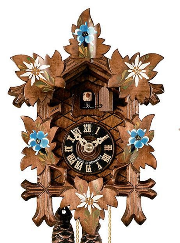 Traditionelle Kuckucksuhr mit blauen, weißen Blumen aus Holz, Höhe 24 cm, mechanisches Uhrwerk