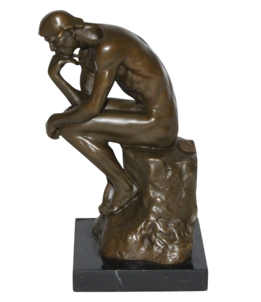Bronzefigur Bronzeskulptur Bronze Der Denker auf Steinsockel H 22,5 cm Skulptur