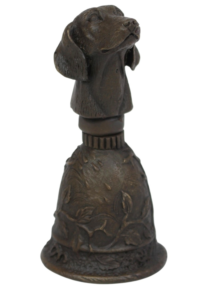 Bronzefigur Hund als Tischglocke H 10 cm Kunstvolle Bronze Handglocke mit Hundekopf Jugendstil Deko